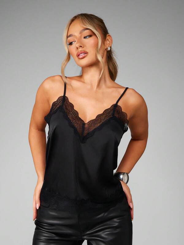 missguided MISSGUIDED Black Satin Camisole With Lace Trim Detailing