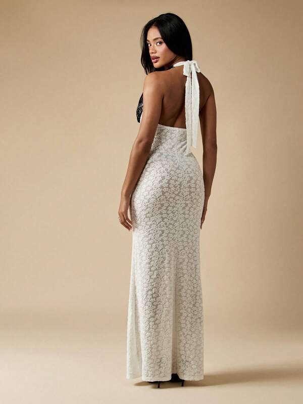 Missguided MISSGUIDED Black White Halter Neck Lace Maxi Dress