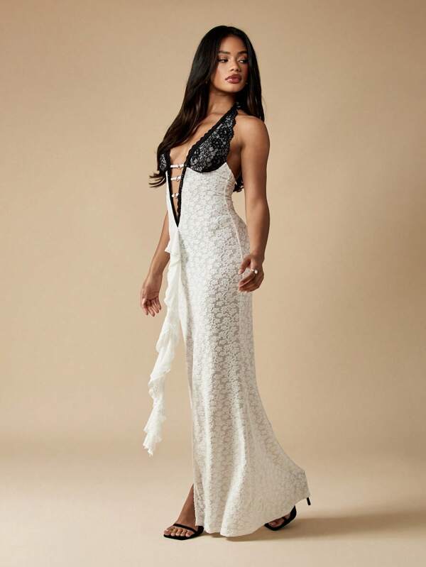missguided MISSGUIDED Black White Halter Neck Lace Maxi Dress
