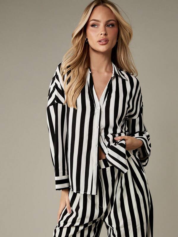 missguided MISSGUIDED Black White Vertical Striped Button Down Collared Blouse