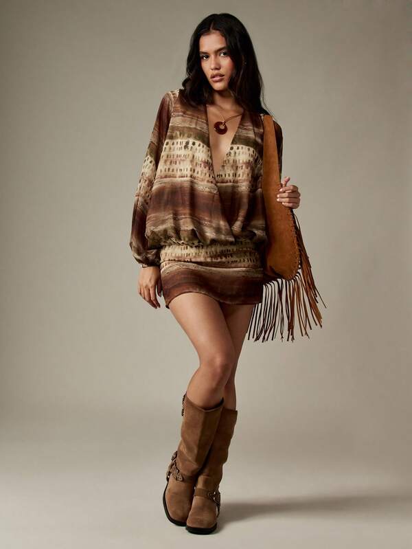 Missguided MISSGUIDED Blouson Sleeve Wrap Mini Dress With Gathered Waist