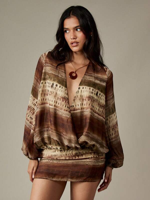 missguided MISSGUIDED Blouson Sleeve Wrap Mini Dress With Gathered Waist