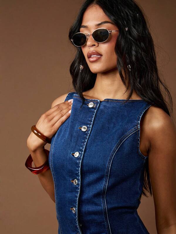 Missguided MISSGUIDED Bodycon Fitted Sleeveless Button Front Denim Mini Dress