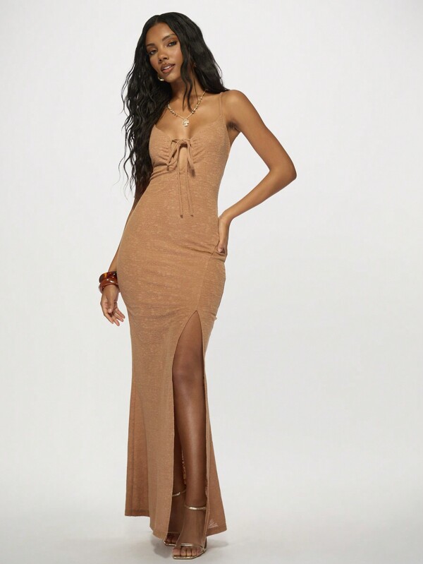 missguided MISSGUIDED Bodycon High Split Tie Detail Ruched Long Dress