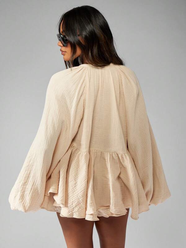 Missguided MISSGUIDED Bohemian Cheesecloth Women Two-Piece Outfits With Tie-Front Blouse And Shorts