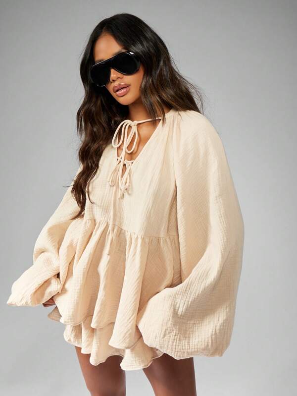 missguided MISSGUIDED Bohemian Cheesecloth Women Two-Piece Outfits With Tie-Front Blouse And Shorts
