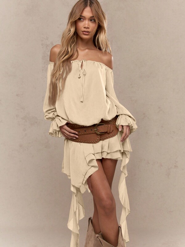 missguided MISSGUIDED Bohemian Off Shoulder Ruffle Asymmetrical Hem Long Sleeve Women Short Dresses