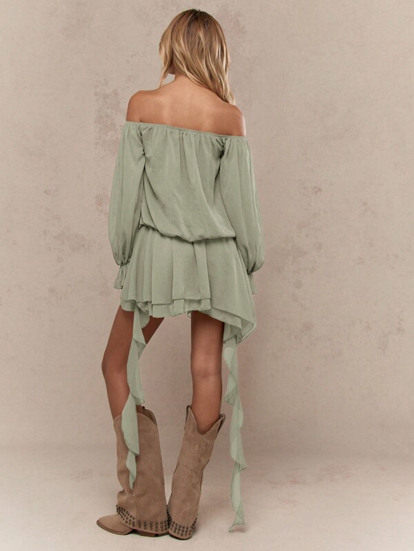 Missguided MISSGUIDED Bohemian Off Shoulder Ruffle High Low Hem Sage Women Short Dresses