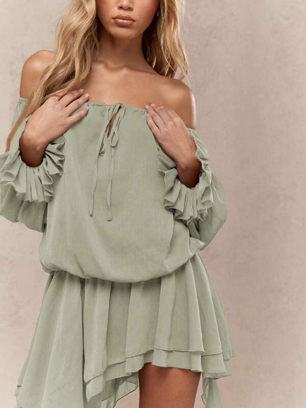 Missguided MISSGUIDED Bohemian Off Shoulder Ruffle High Low Hem Sage Women Short Dresses