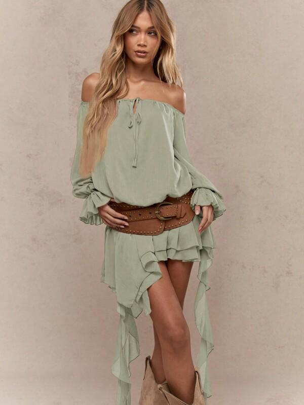 missguided MISSGUIDED Bohemian Off Shoulder Ruffle High Low Hem Sage Women Short Dresses