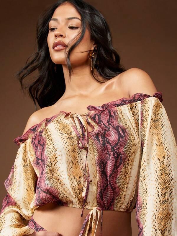 Missguided MISSGUIDED Bohemian Off Shoulder Snake Print Blouse