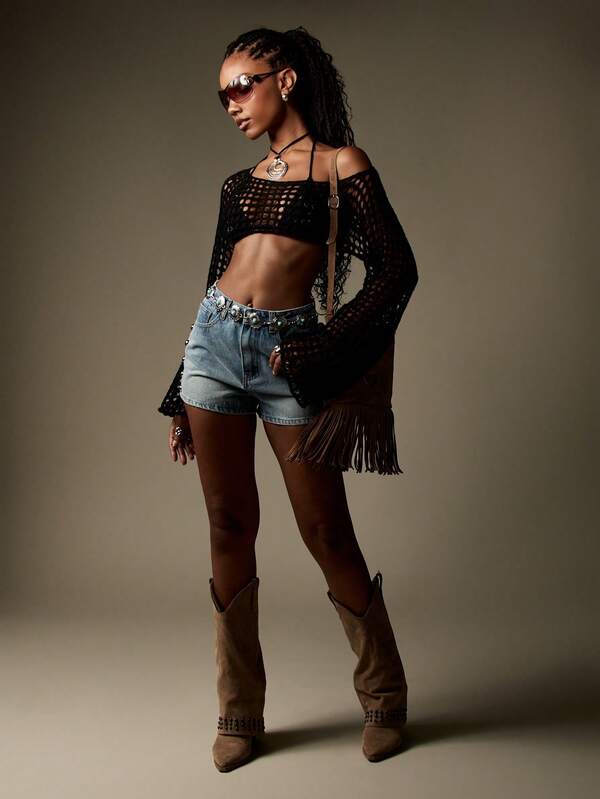 Missguided MISSGUIDED Bohemian Western Grunge Fishnet Crop Sweater