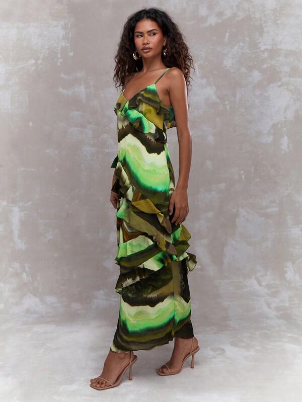Missguided MISSGUIDED Boho All Over Print Asymmetric Ruffle Detail Cami Maxi Dress