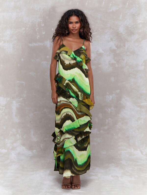 missguided MISSGUIDED Boho All Over Print Asymmetric Ruffle Detail Cami Maxi Dress