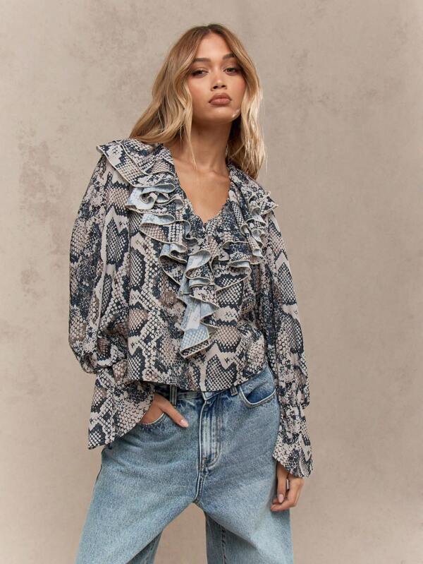 missguided MISSGUIDED Boho Animal Print Ruffle Detail Plunge Neck Long Sleeve Top