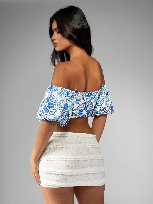 Missguided MISSGUIDED Boho Chic Floral Print Off-Shoulder Puff Sleeve Crop Top