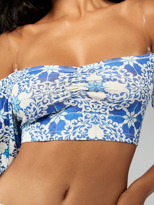 Missguided MISSGUIDED Boho Chic Floral Print Off-Shoulder Puff Sleeve Crop Top