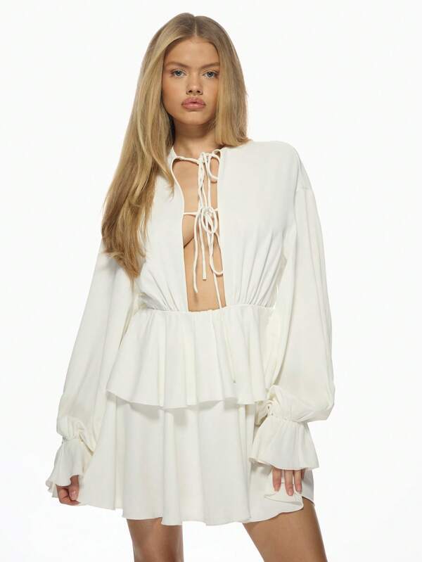 missguided MISSGUIDED Boho Chic Long Sleeve Ruffle Tie Front Mini Dress