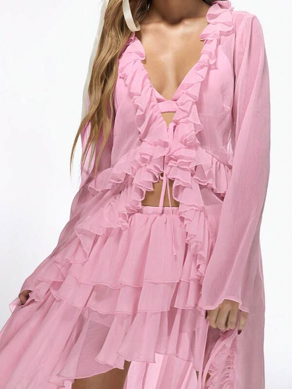 Missguided MISSGUIDED Boho Chiffon Bell Sleeve Ruffle Trim Blouse