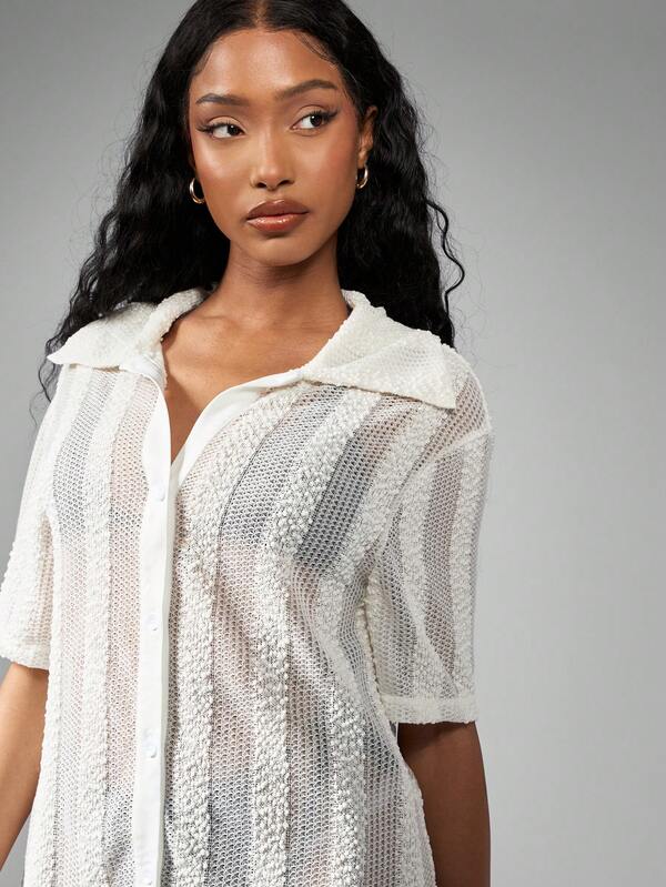 Missguided MISSGUIDED Boho Crochet Button Down Short Sleeve Mini Dress