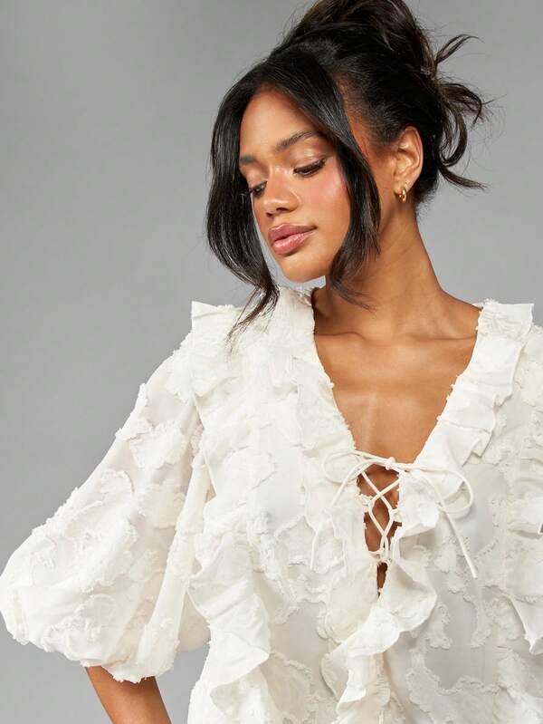 Missguided MISSGUIDED Boho Floral Chiffon Ruffle Puff Sleeve Blouse