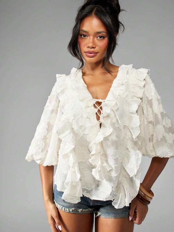 missguided MISSGUIDED Boho Floral Chiffon Ruffle Puff Sleeve Blouse