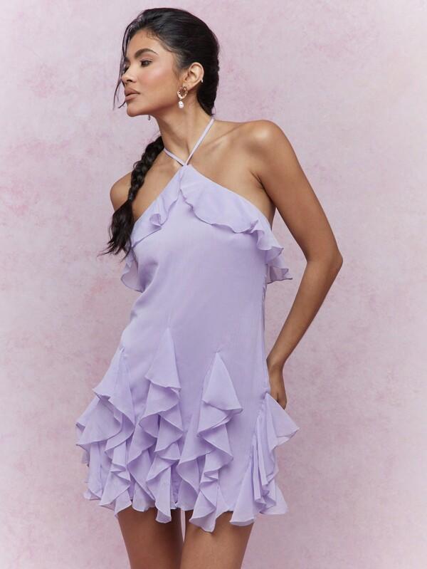 missguided MISSGUIDED Boho Frill Ruffle Halter Neck With Ruffle Hem Detail Georgette Mini Dress