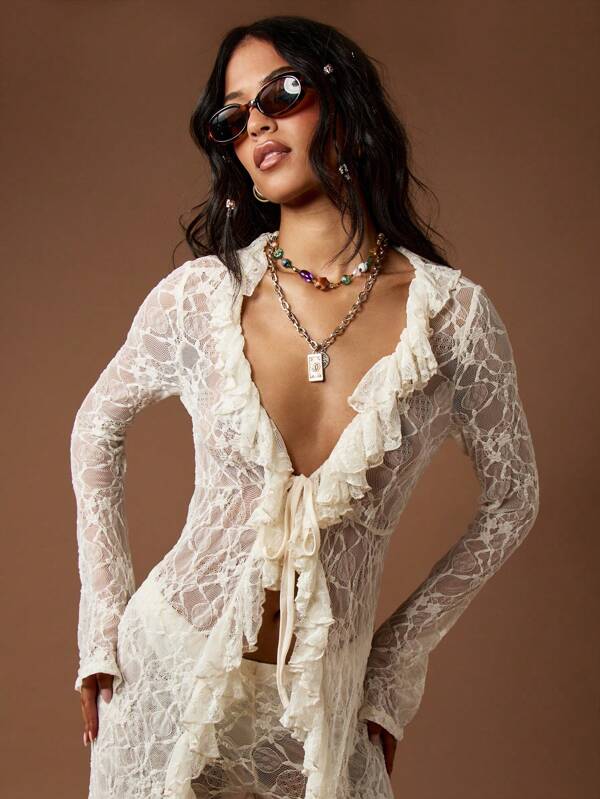 Missguided MISSGUIDED Boho Lace Ruffle Bell Sleeve Women Blouse