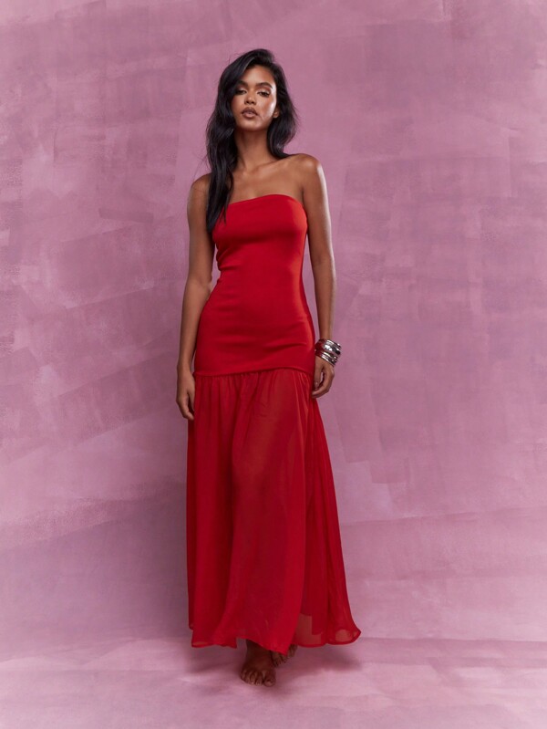 missguided MISSGUIDED Boho Long Ruffle Hem Bandeau Maxi Dress