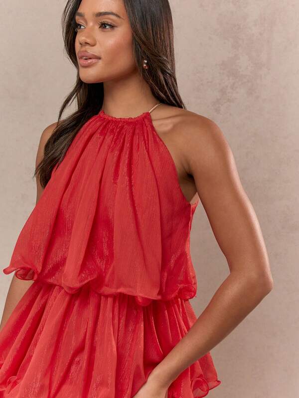 Missguided MISSGUIDED Boho Metal Threading Tiered Ruffle Detail Halter Neck Maxi Dress