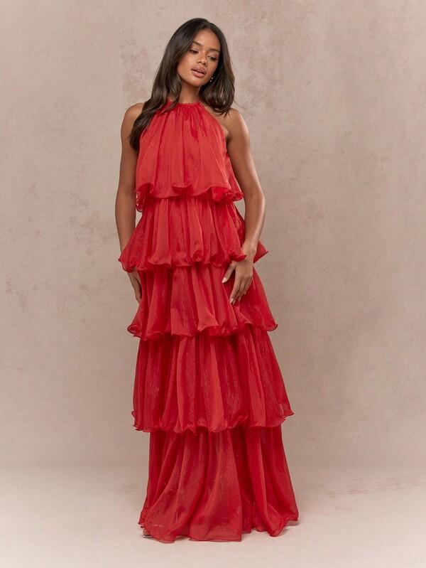 Missguided MISSGUIDED Boho Metal Threading Tiered Ruffle Detail Halter Neck Maxi Dress