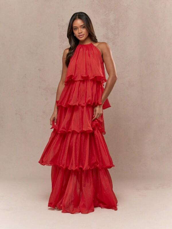 missguided MISSGUIDED Boho Metal Threading Tiered Ruffle Detail Halter Neck Maxi Dress