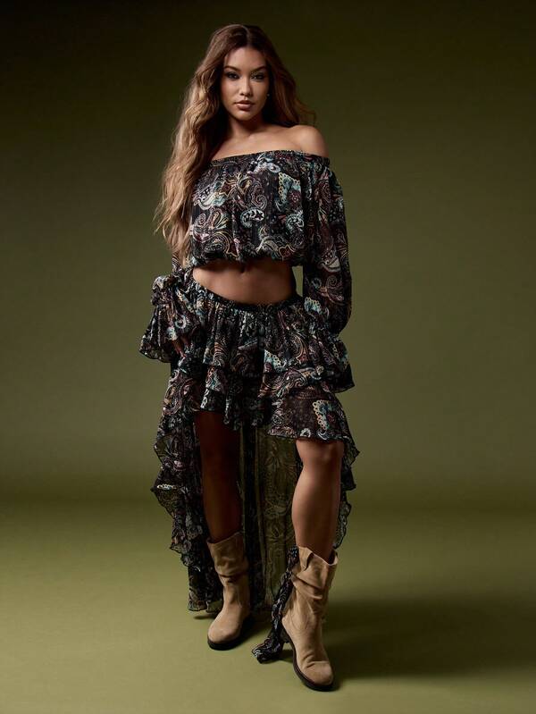 Missguided MISSGUIDED Boho Paisley Print Off Shoulder Ruffle Sleeve Long Balloon Sleeves Blouse