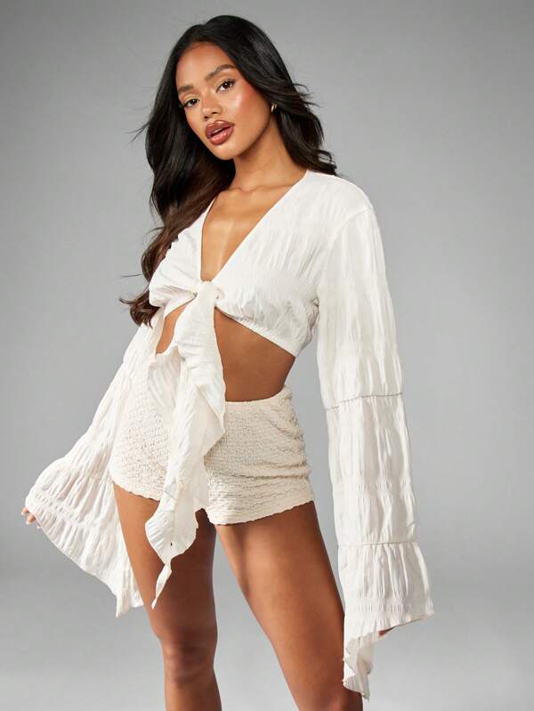 missguided MISSGUIDED Boho Peasant Long Bell Sleeve Tie Front Bohemian Blouse