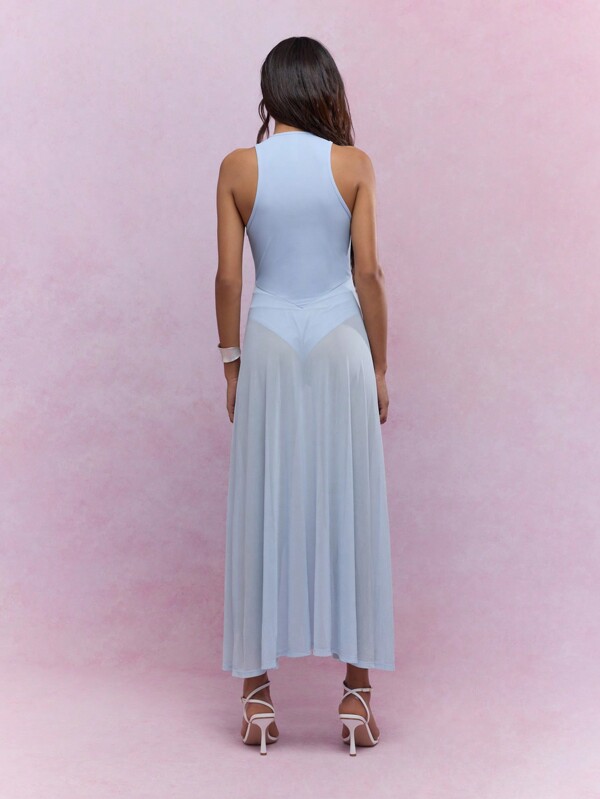 Missguided MISSGUIDED Boho Polo Neck Bodysuit Detail Sheer Ruffle Long Hem Sleeveless Maxi Dress