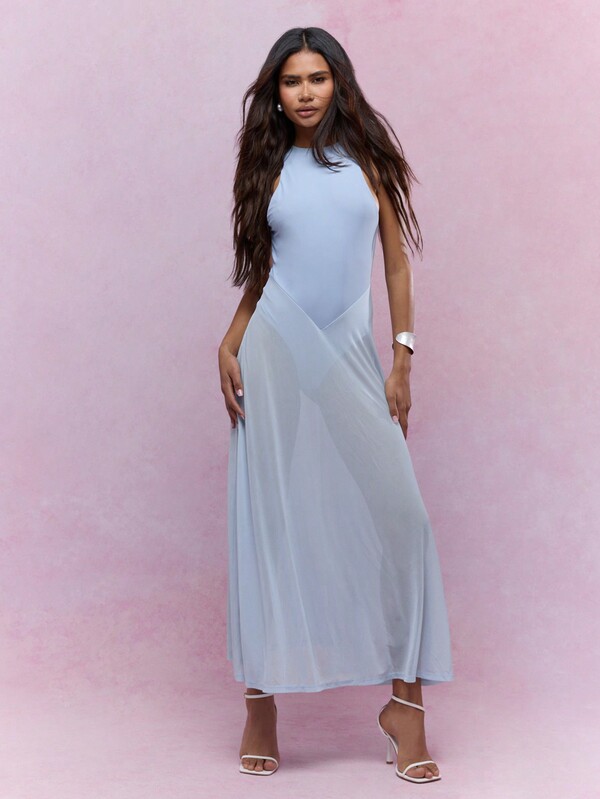 Missguided MISSGUIDED Boho Polo Neck Bodysuit Detail Sheer Ruffle Long Hem Sleeveless Maxi Dress