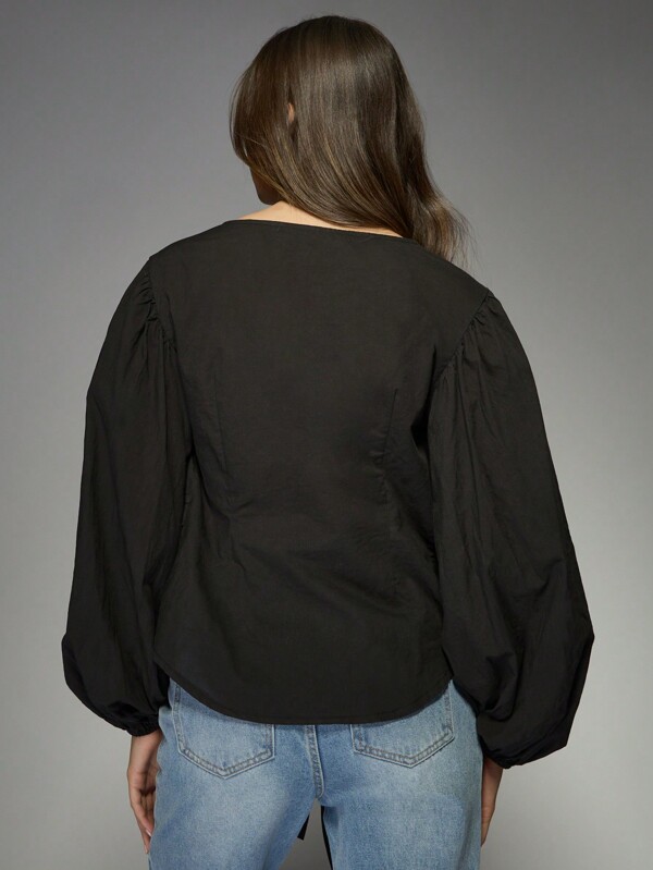 Missguided MISSGUIDED Boho Poplin Puff Sleeve Blouse With Double Tie Front Detail