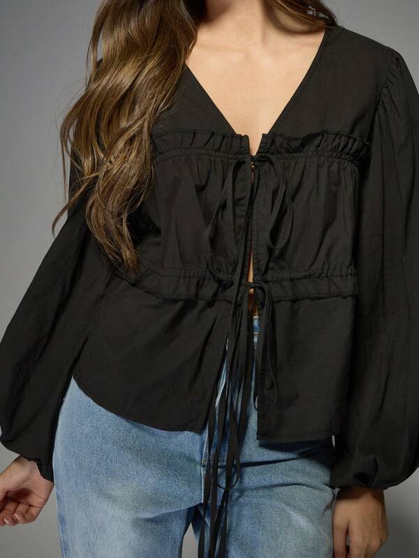 Missguided MISSGUIDED Boho Poplin Puff Sleeve Blouse With Double Tie Front Detail