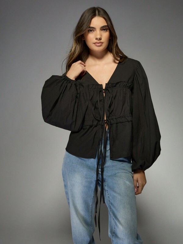 missguided MISSGUIDED Boho Poplin Puff Sleeve Blouse With Double Tie Front Detail