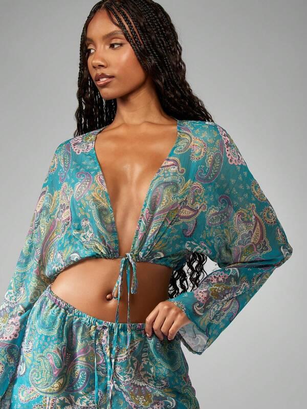 Missguided MISSGUIDED Boho Print Long Sleeve Crop Top And Wide Leg Short Two-Piece Set