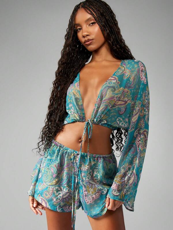 missguided MISSGUIDED Boho Print Long Sleeve Crop Top And Wide Leg Short Two-Piece Set