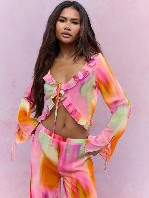 Missguided MISSGUIDED Boho Printed Ruffle Flared Two Piece Co-Ord Set