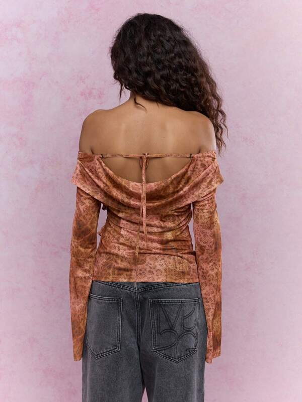 Missguided MISSGUIDED Boho Printed Scoop Neck Ruffle Detail Flared Sleeves Top