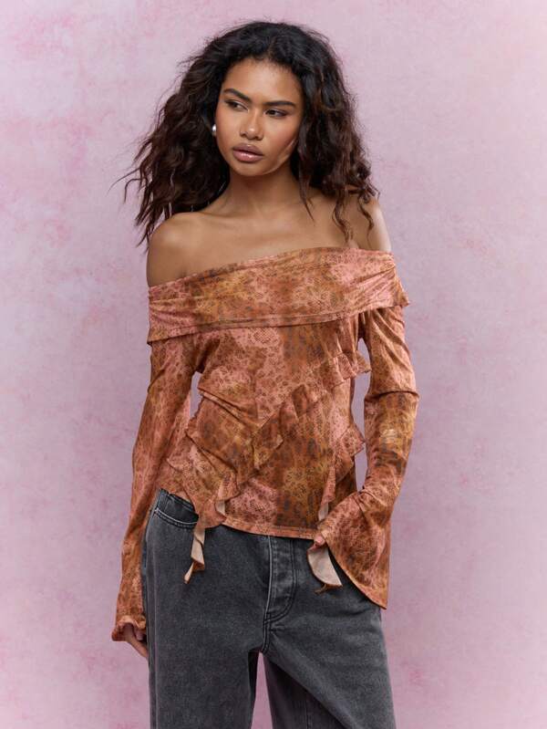 missguided MISSGUIDED Boho Printed Scoop Neck Ruffle Detail Flared Sleeves Top