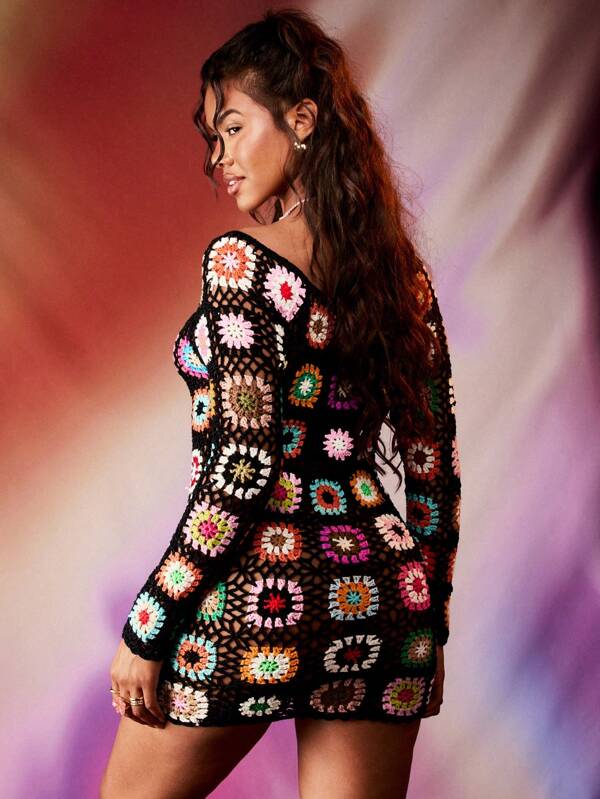Missguided MISSGUIDED Boho Retro Handmade Crochet Granny Square Mini Dress