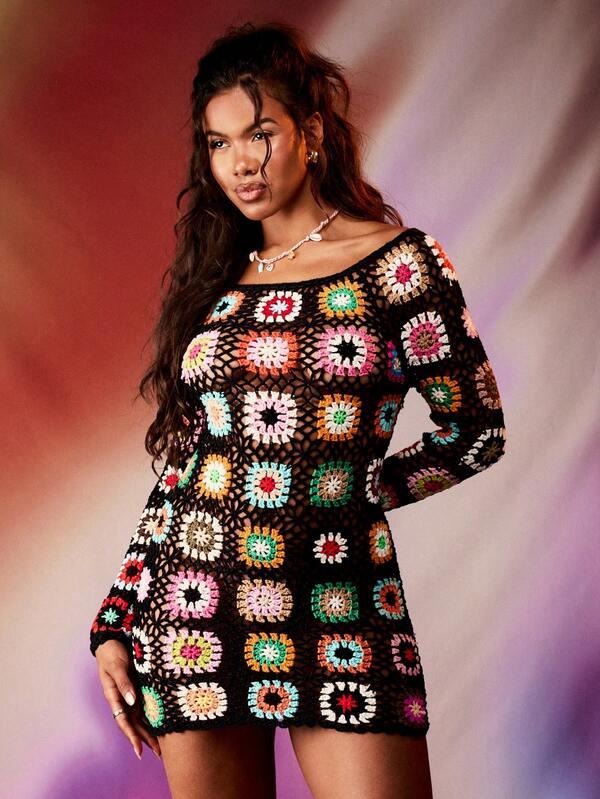 Missguided MISSGUIDED Boho Retro Handmade Crochet Granny Square Mini Dress
