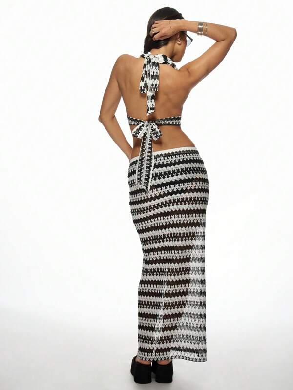 Missguided MISSGUIDED Boho Retro Zig Zag Knit Halter Crop Top Maxi Skirt Set