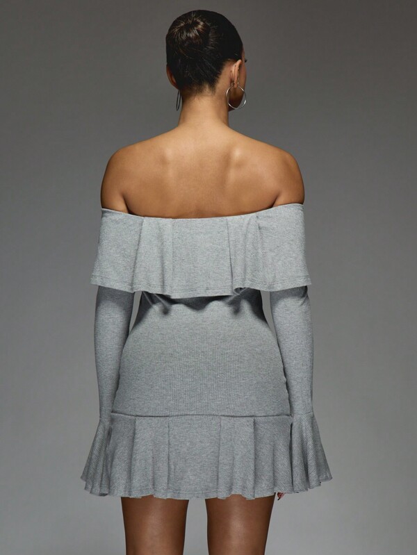 Missguided MISSGUIDED Boho Ruffle Bardot Long Sleeve Knitted Short Dress