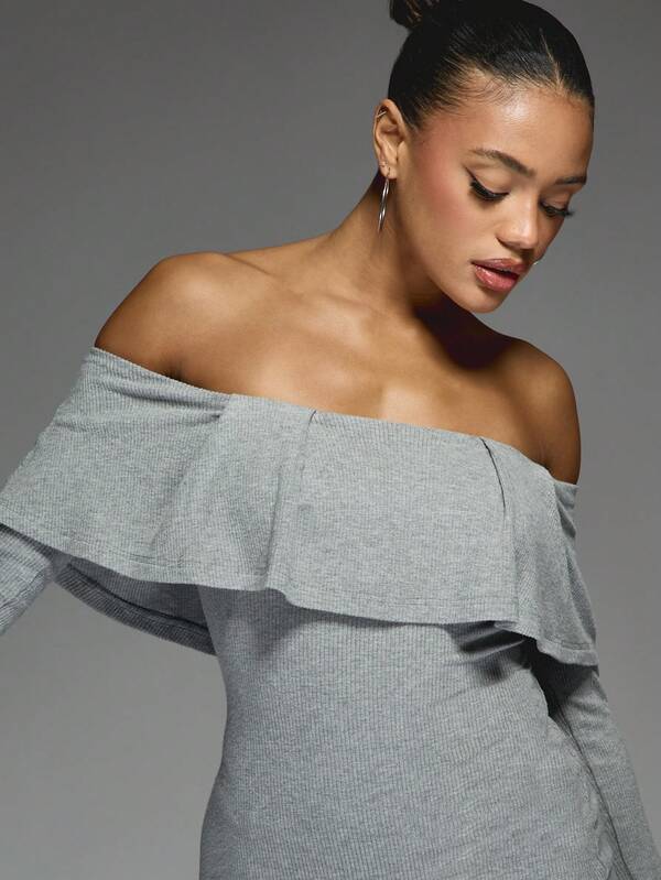 Missguided MISSGUIDED Boho Ruffle Bardot Long Sleeve Knitted Short Dress