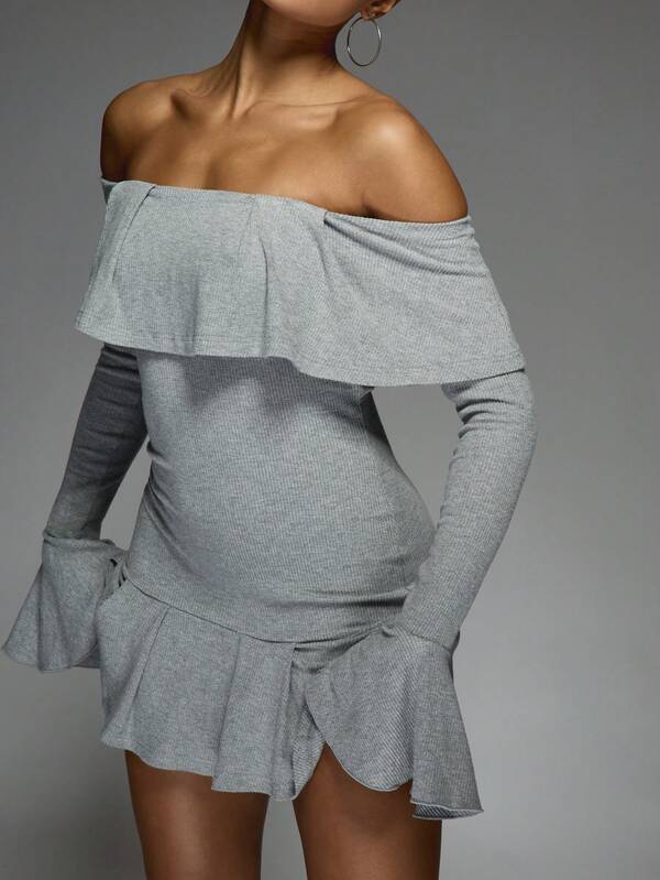 Missguided MISSGUIDED Boho Ruffle Bardot Long Sleeve Knitted Short Dress